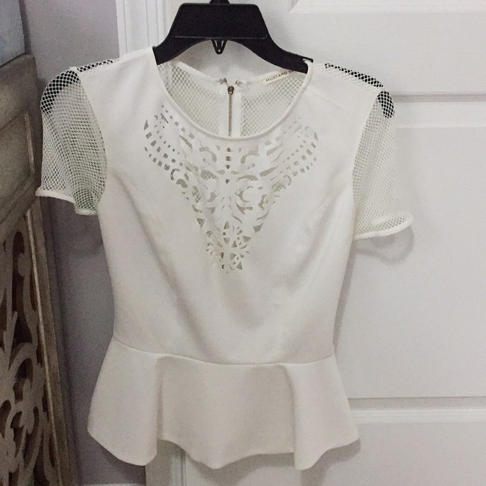 Mustard Seed - trendy white peplum net back top